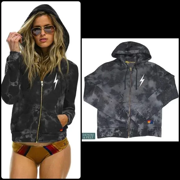 Aviator Nation Hand Dyed Bolt Zip Hoodie Vintage Charcoal Lightning XS Lounge - Picture 1 of 9